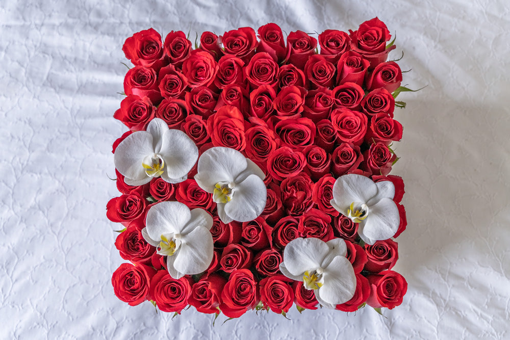 Rosas rojas en caja con flores de orquídea